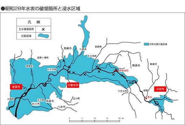 あゆみ - 昭和28年水害の破堤箇所と浸水区域