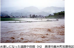 水浸しになった道路や田畑の写真