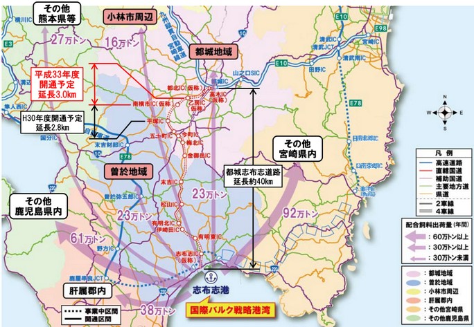 志布志港からの配合飼料の運搬先(H28)