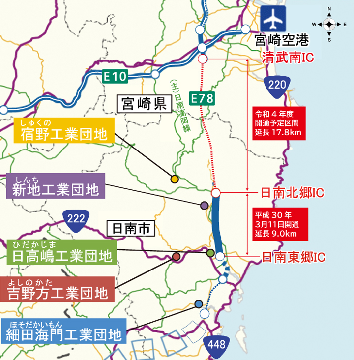 東九州自動車道沿線地域の工業団地等の位置図