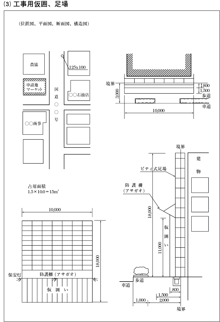 画像：工事用仮囲、足場、現場詰所