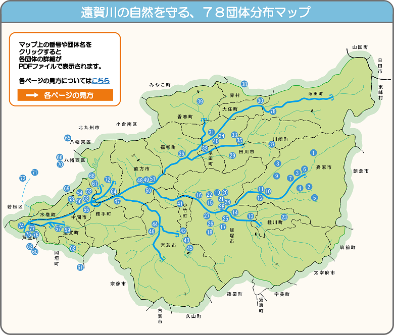 遠賀川の自然を守る、78団体分布マップ