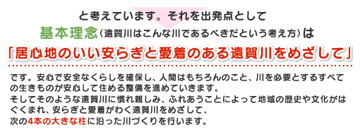 基本理念(遠賀川はこんな川であるべきだという考え方)は「居心地のいい安らぎと愛着のある遠賀川をめざして」です