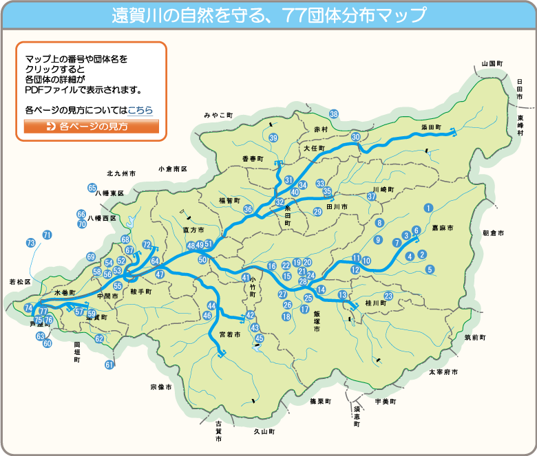 遠賀川の自然を守る、77団体分布マップ