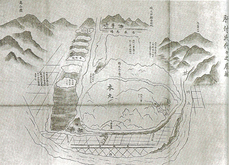 高山川や本城川に守られた高山城の図