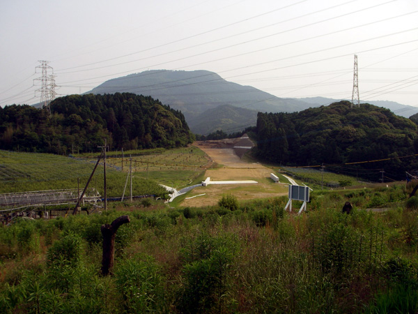 平成24年6月(梨畑を道路が通過します。正面の木が切り開かれている方向に道路が建設されます。)