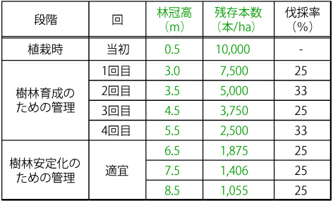 成長段階ごとの密度管理（防風・防砂・防潮林）