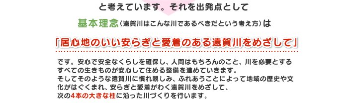 基本理念（遠賀川はこんな川であるべきだという考え方）は「居心地のいい安らぎと愛着のある遠賀川をめざして」です