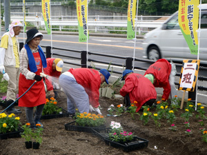 「花植え体験」植える前に水を与え