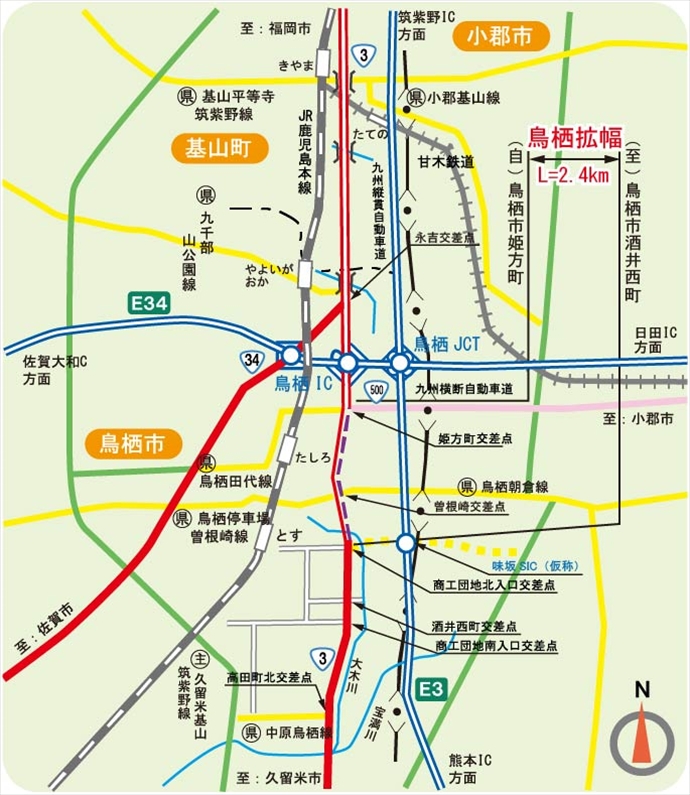 鳥栖拡幅道路事業箇所図