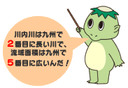 かっぱのイラスト「川内川は2番目に長い川で、流域面積は九州で5番目に広いんだ！」