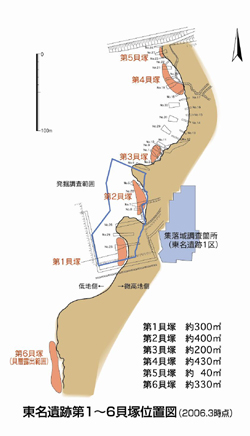 東名遺跡第1～6貝塚位置図