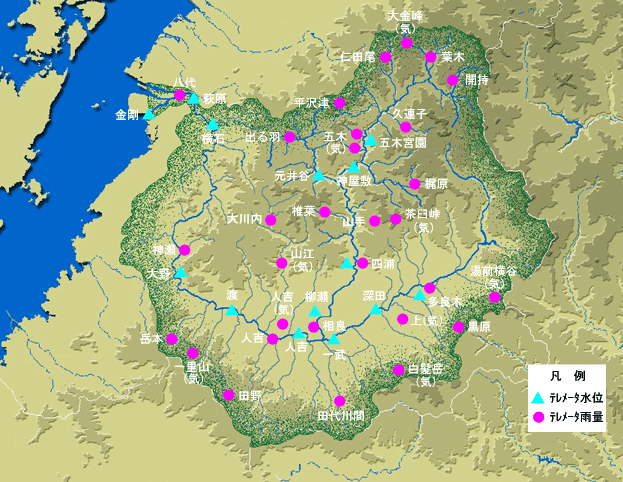 球磨川流域　雨量及び水位観測所位置図